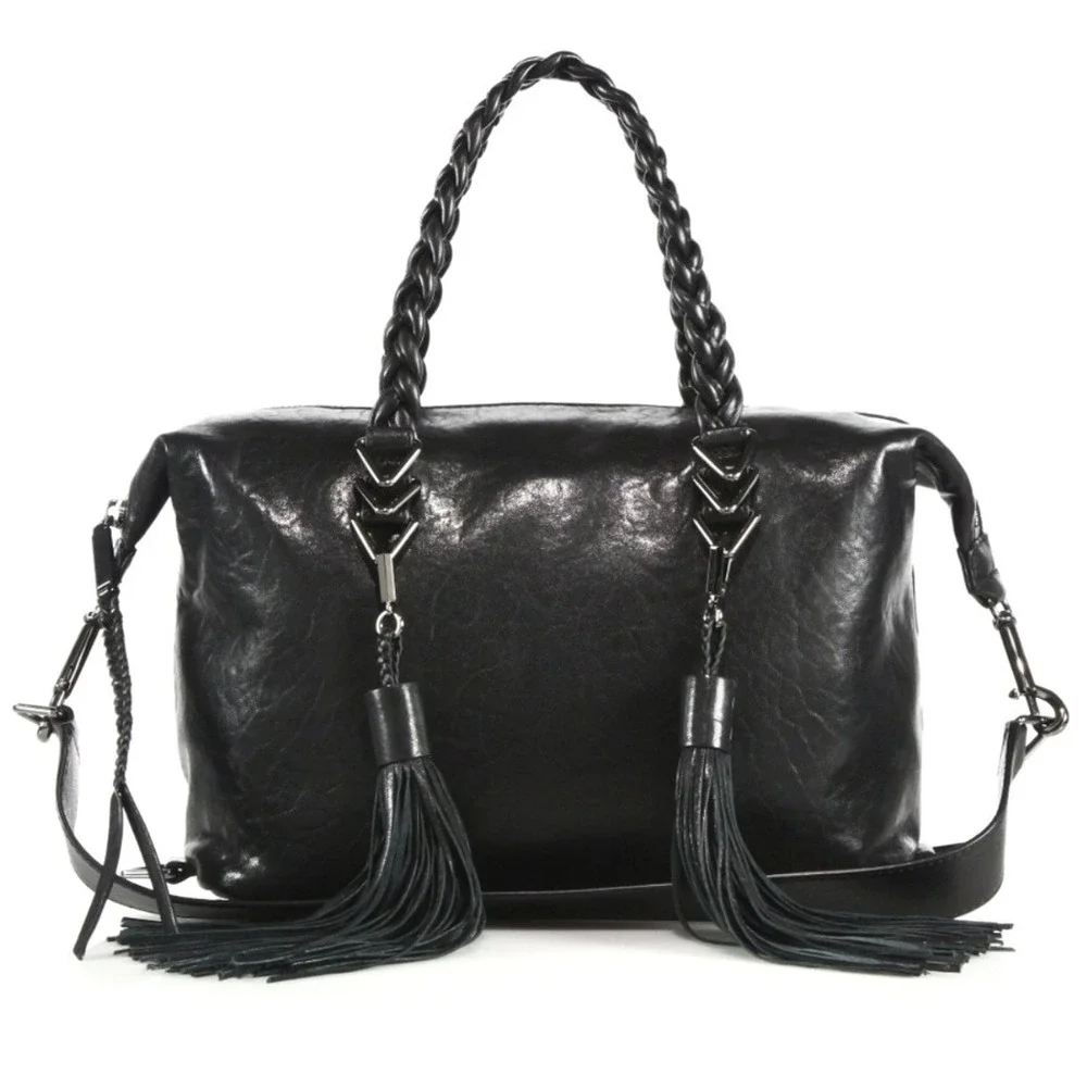 Rebecca Minkoff Black Leather Renee Satchel Handbag Braided Tassel Crossbody Bag